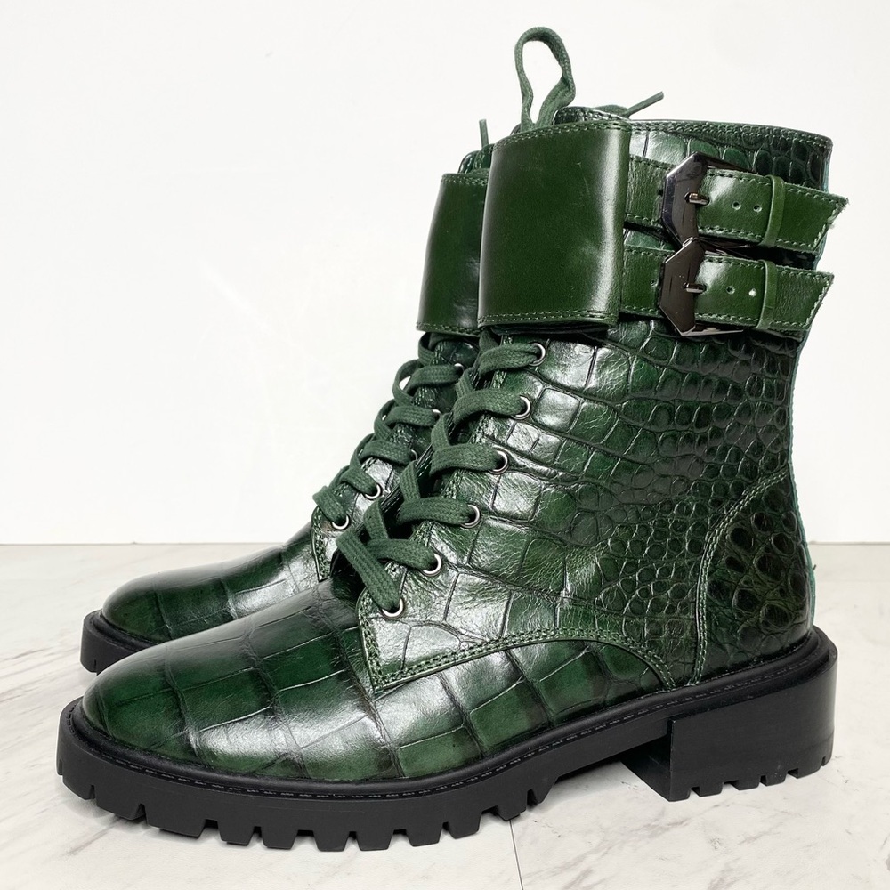 New! Vince Camuto Fawdry Green Crocodile Embossed Leather Lace Up Boot 5 1/2 M